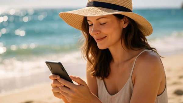 Relaxed woman using phone on Los Cabos beach, sparkling ocean.