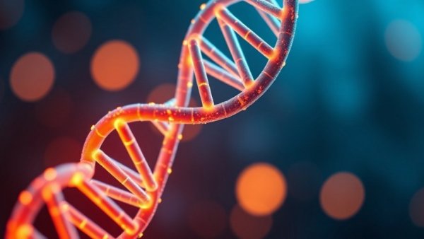 Glowing DNA helix symbolizing Optical Genome Mapping for Acute Leukemia Diagnosis.