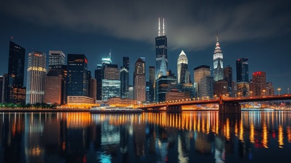Majestic urban skyline reflecting on river at night, illustrating proptech startups real estate challenges.