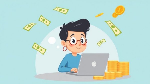 Illustration of person with laptop surrounded by money, Rox AI sales automation valuation.
