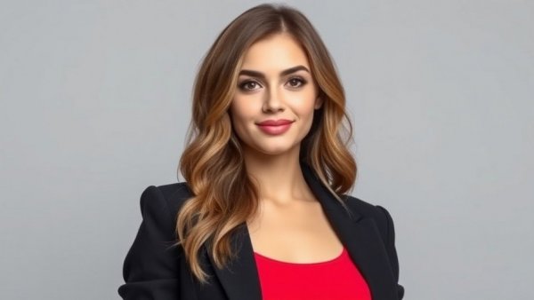 Confident young woman in blazer, smiling subtly against gray background.