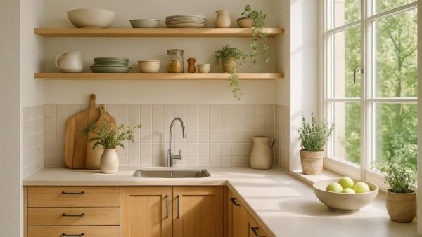 Bright Scandinavian kitchen remodel with wooden cabinets and greenery.
