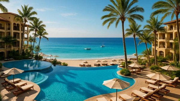 Cabo resort by the ocean with pools and palm trees.
