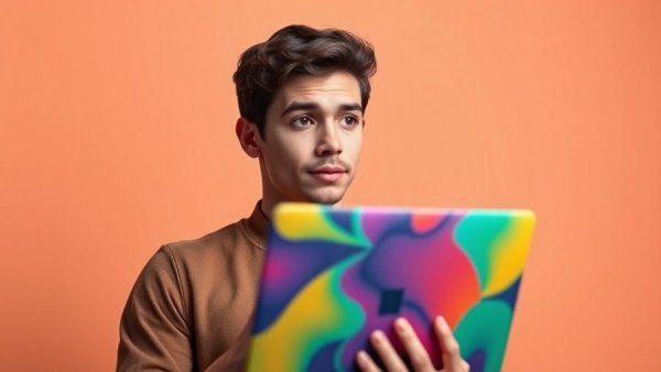 Young man holding MacBook Neo with a curious look.
