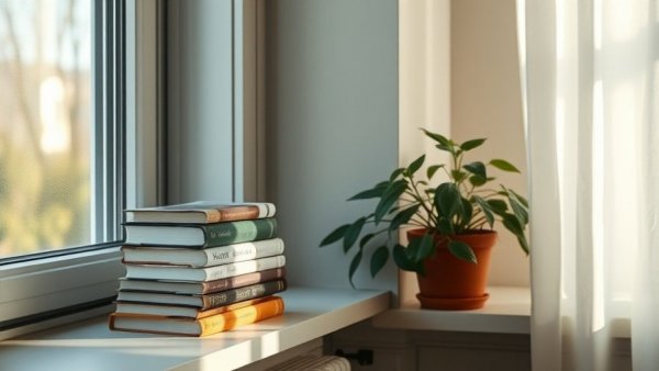 Stack of books on windowsill with plant, serene reading corner.