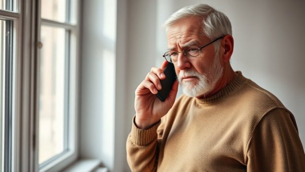 Elderly man discussing HVAC solutions by radiator in bright room.