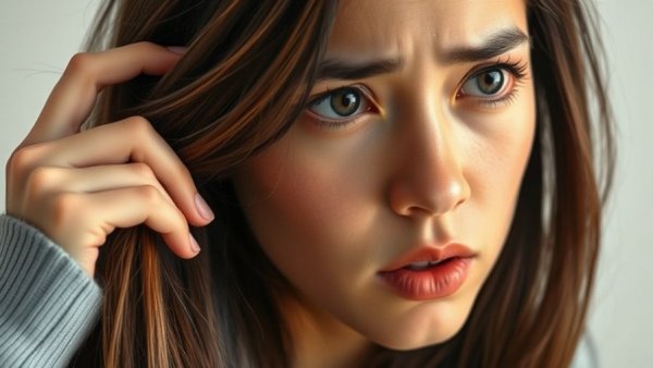 Concerned woman examines hair for natural remedies for hair loss.