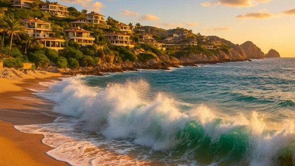 Los Cabos beach with waves and hillside villas at sunset.
