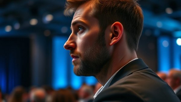 Profile view of man at conference, deep in thought, blue-lit stage.