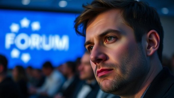 Man at a forum event with thoughtful expression and blue lighting.