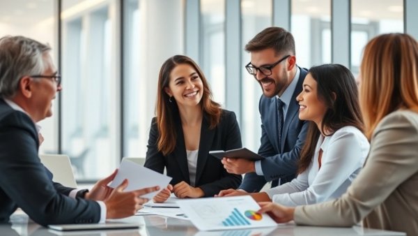 Professional team discussing how to create a business plan with charts.