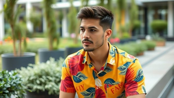 Casual man with thoughtful expression outdoors in colorful shirt.