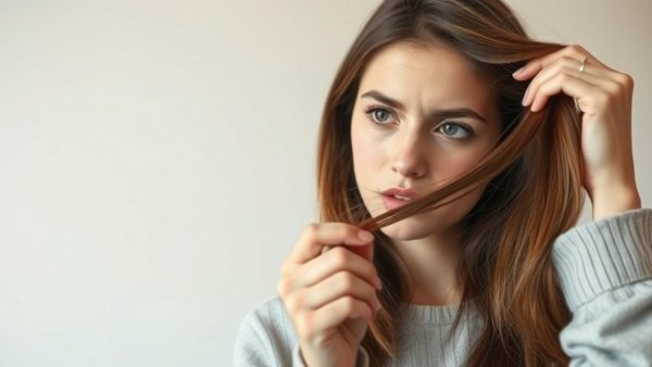Concerned woman examines dry hair, highlighting protecting and repairing dry hair.