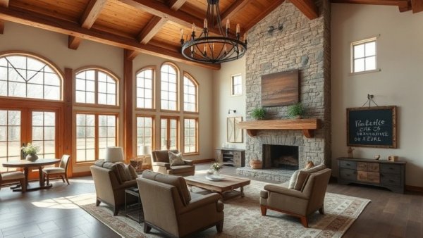 Elegant farmhouse living room design with rustic decor.