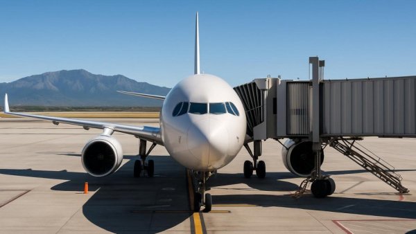 Los Cabos airport scene with airplanes and mountains in background.