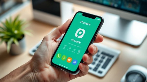Hand holding smartphone displaying PhonePe app in workspace.
