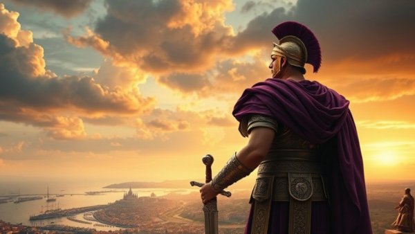 Majestic Roman general overlooking ancient harbor city, historical fiction mystery.