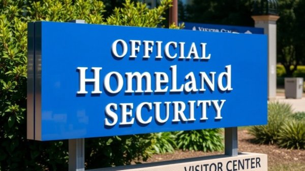 Homeland Security sign with official emblem outside government building under clear sky.