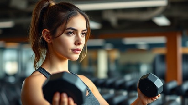 Young woman demonstrating simplified strength training habits in a gym.
