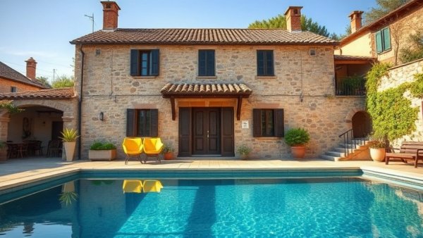 Rustic stone building with pool in historic Italian hamlet revival