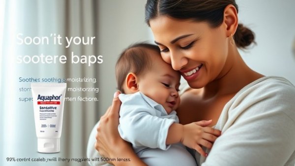 Mother with baby holding Aquaphor Baby Sensitive Lotion.