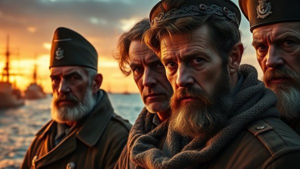 Historical book cover with warships and two figures.