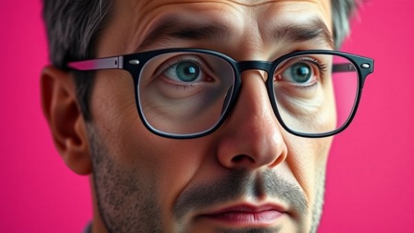 Close-up of a thoughtful man in glasses contemplating, vibrant background.