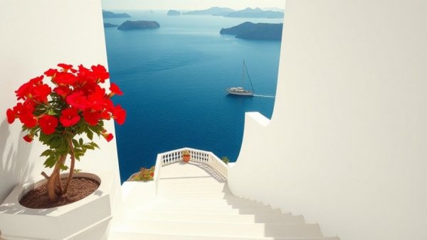 View of Greek island stairs in historical fiction mystery theme.