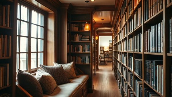 Cozy library nook with window seat, bookshelves, overcoming pressure of Goodreads reading goals.