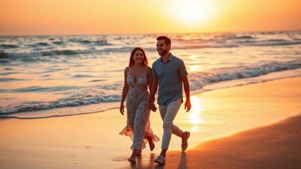 Young couple walking hand in hand on a beach at sunset, clean romance scene.