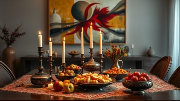 Haft-Sin table for Nowruz with decorative items.