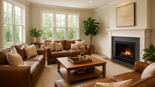 Sophisticated transitional family room design with leather sofas and soft lighting.