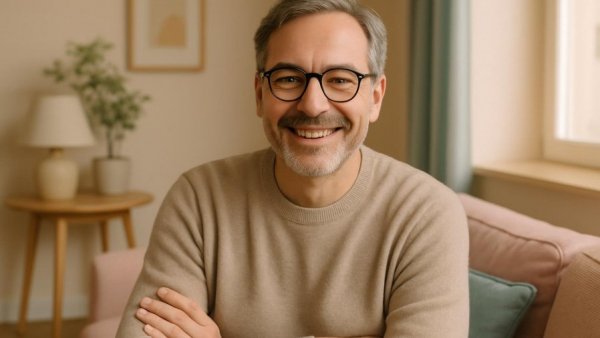 Man smiling warmly in cozy pastel room, highlighting benefits of a relaxed environment.