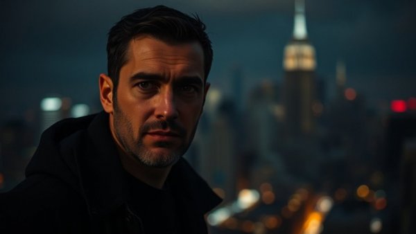 Moody portrait of a man in dark clothing with cityscape backdrop.