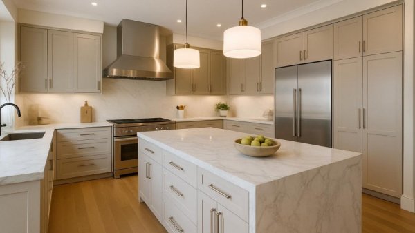 Transitional kitchen remodeling with marble accents and elegant fixtures.