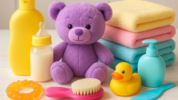 Colorful Brazil baby care products including towels and a plush bear.