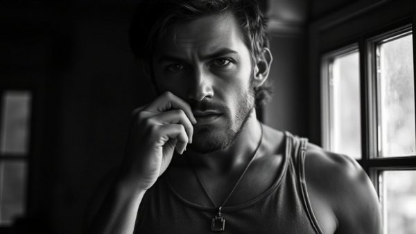Pensive man in black and white portrait holding a necklace.