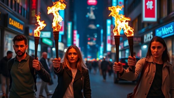 Zombieland 3 horror-comedy scene with characters holding torches at night.