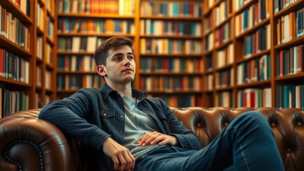 Young man considering AI coding solutions in a cozy library.