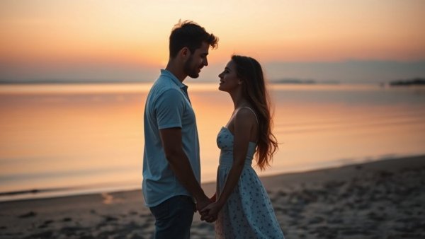 Young couple on beach at sunset embodying clean romance