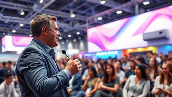 Energetic speaker at HVAC exhibition discussing ductless and inverter technology.