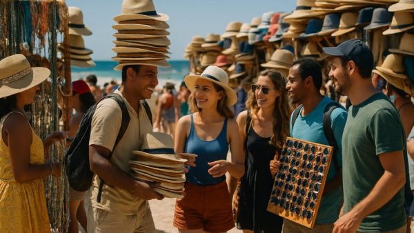 Vendors selling hats and sunglasses at a Cabo beach market.