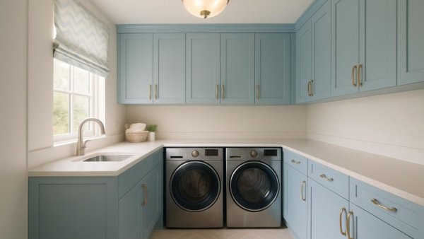 Chic coastal laundry room ideas with blue cabinets and modern appliances.