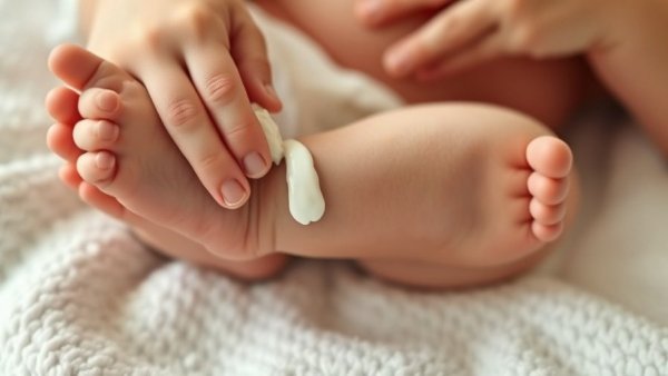 Caring for newborn in summer: Applying cream to baby's leg.