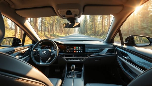 Interior of an autonomous vehicle showing digital interface on a scenic road.