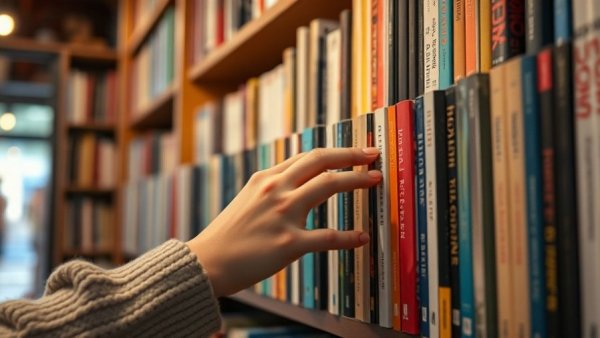 Woman's hand selecting books from colorful shelf in bookstore