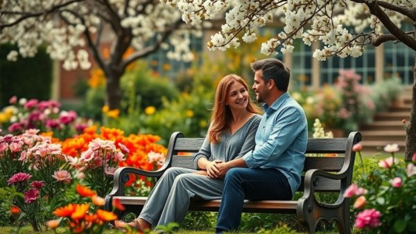 Serene couple sharing a moment in a blossoming garden, clean romance.