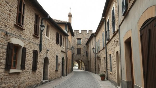 Medieval house restoration in Aurignac's narrow street with stone buildings.