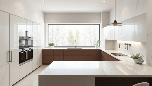 Modern kitchen with marble countertops and ambient lighting, showcasing 2026 kitchen design trends.