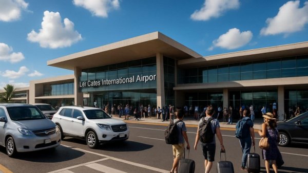 Entrance of Los Cabos Airport with people and vehicles.